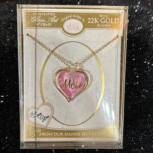 Glass Baron Pink Glass Heart Mom Necklace with Gold Accents.